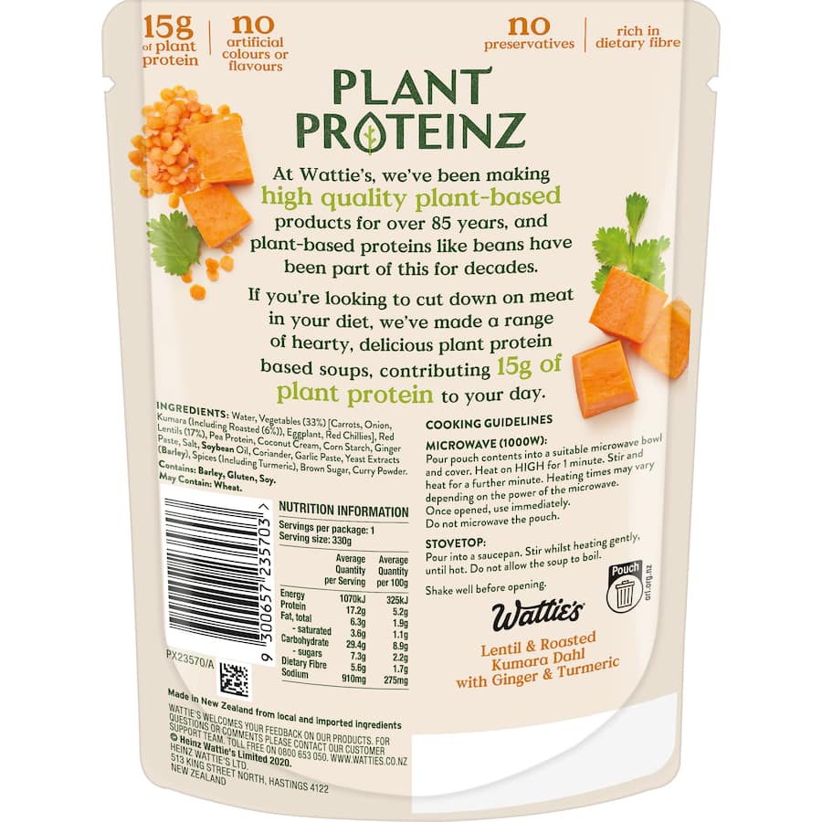 Wattie's Plant Proteinz Soup Lentil & Roasted Kumara Pouch 330g
