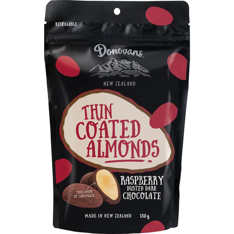 Donovans Chocolate Coated Almonds Raspberry Bag 150g
