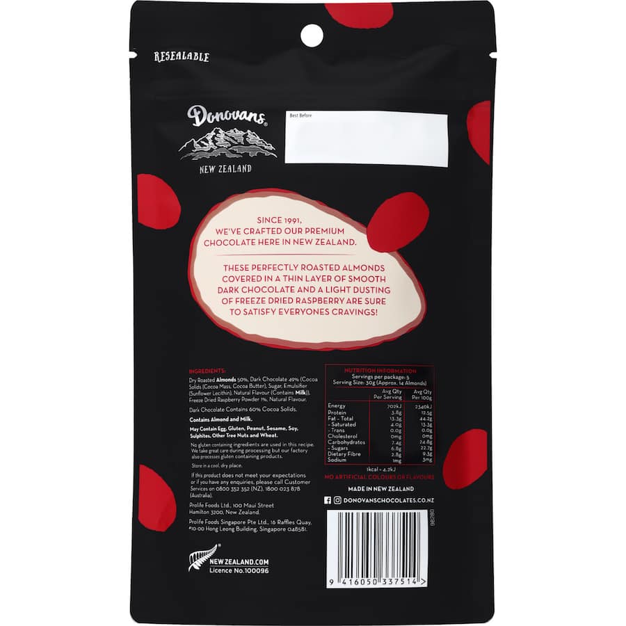 Donovans Chocolate Coated Almonds Raspberry Bag 150g