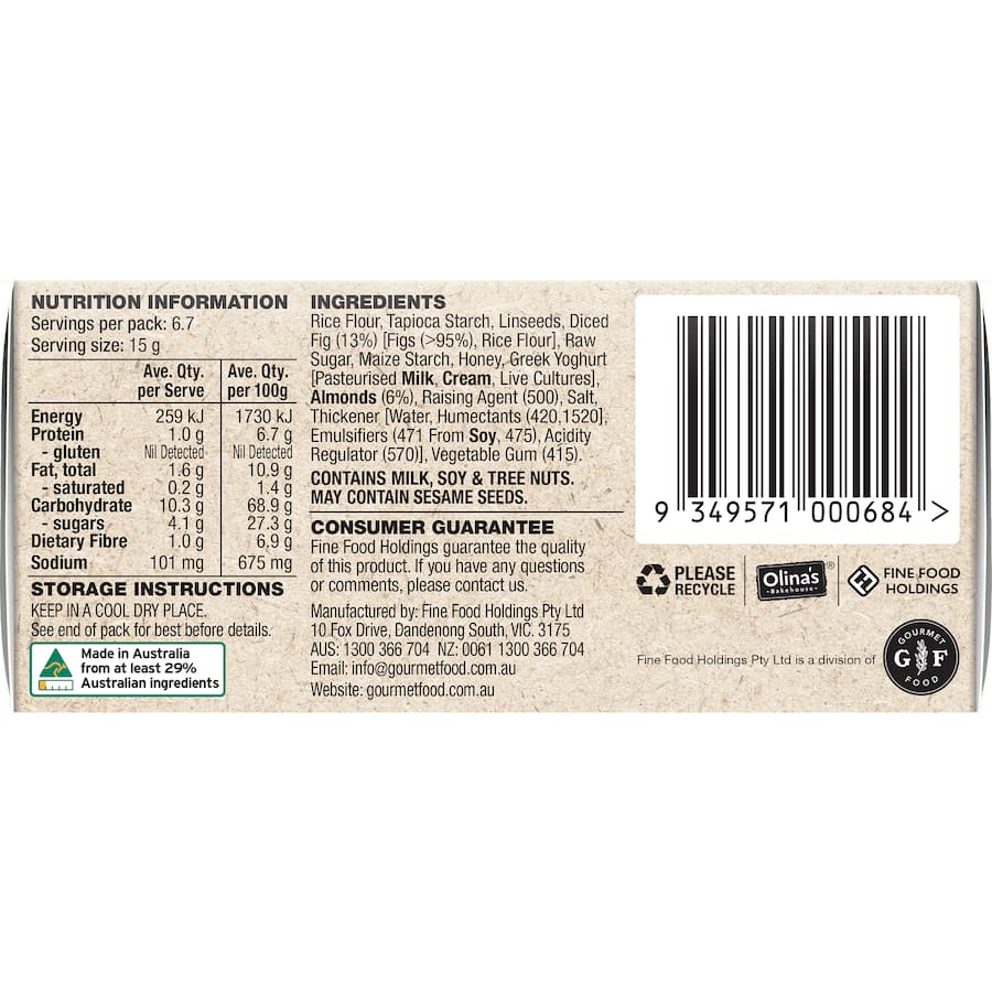 Olina's Gluten Free Crackers Fig & Almond 100g