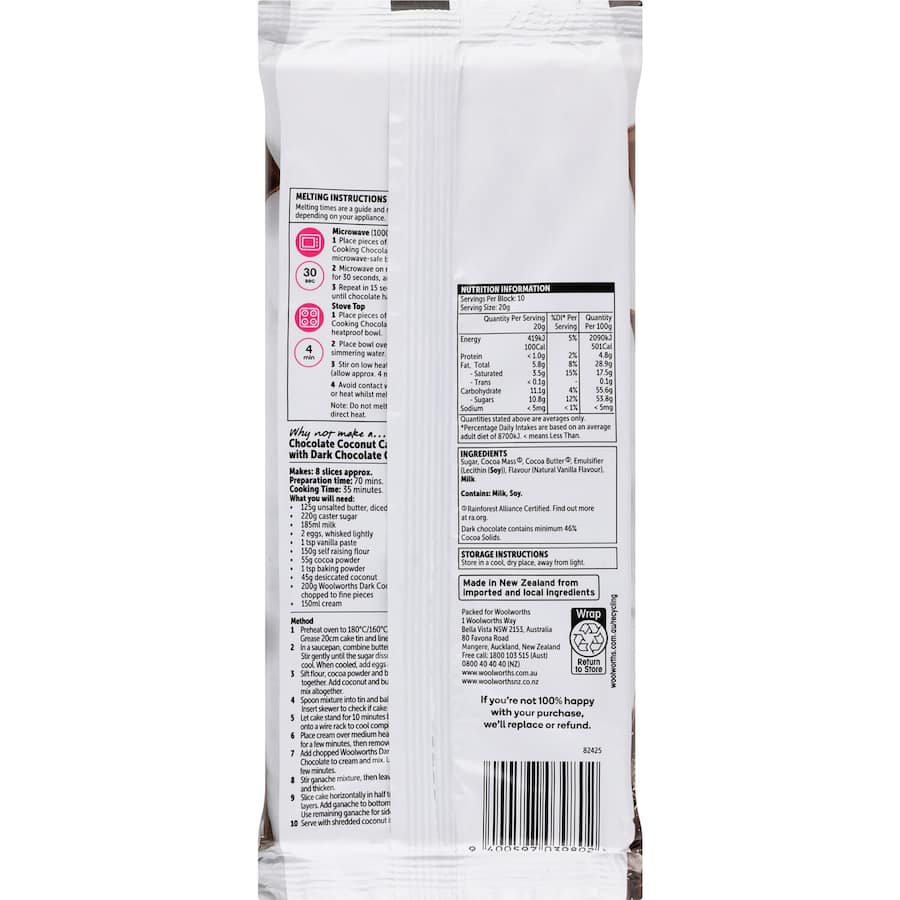 Woolworths Cooking Chocolate Dark 46% Cocoa 200g