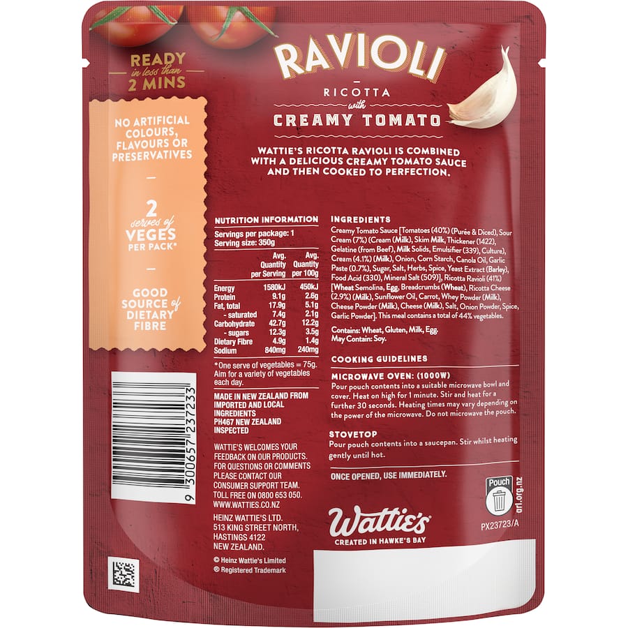 Watties Pasta Meals Ravioli Ricotta With Creamy Tomato 350g