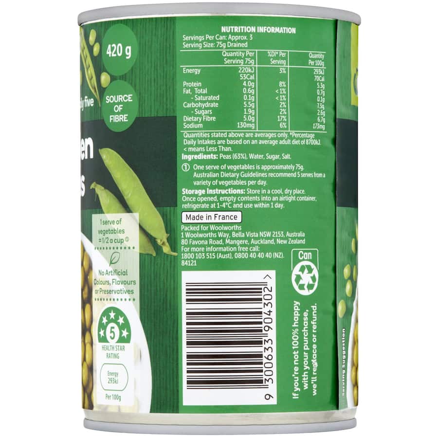 Woolworths Peas Garden Can 420g