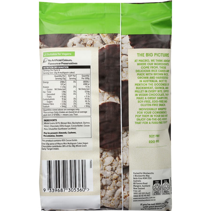 Macro Mini Multigrain Rice Cakes Vegan Chocolate 6x4pk 78g