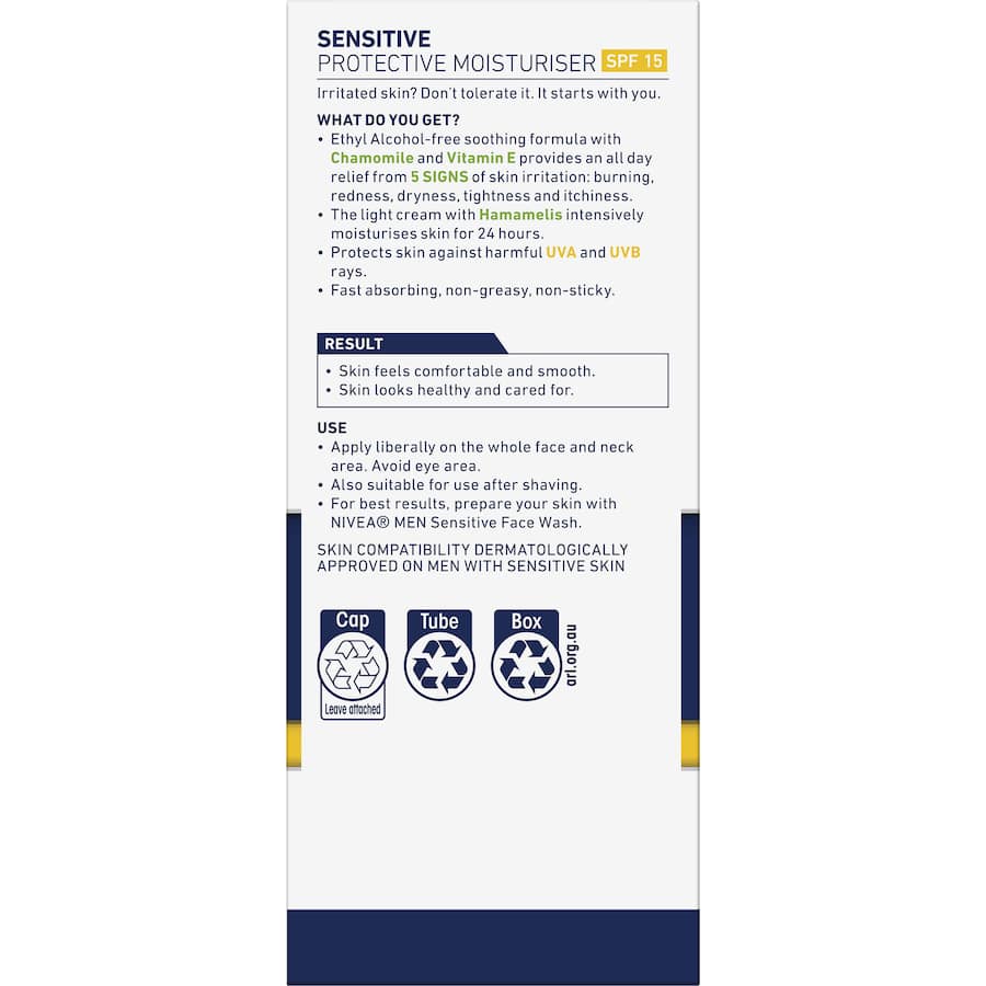 Nivea For Men Facial Moisturiser Sensitive Spf 15 75mL