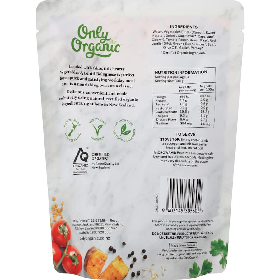 Only Organic Prepared Meal Nourishing Bowl Vegetables & Lentil Bolognese 300g