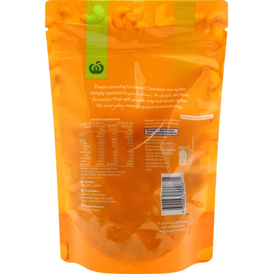Woolworths Cashews Unsalted Resealable bag 250g