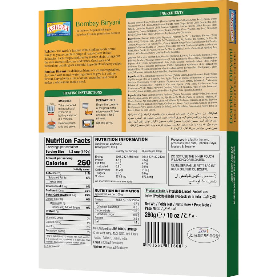 Ashoka Ready Meal Bombay Biryani Gluten Free Box 280g
