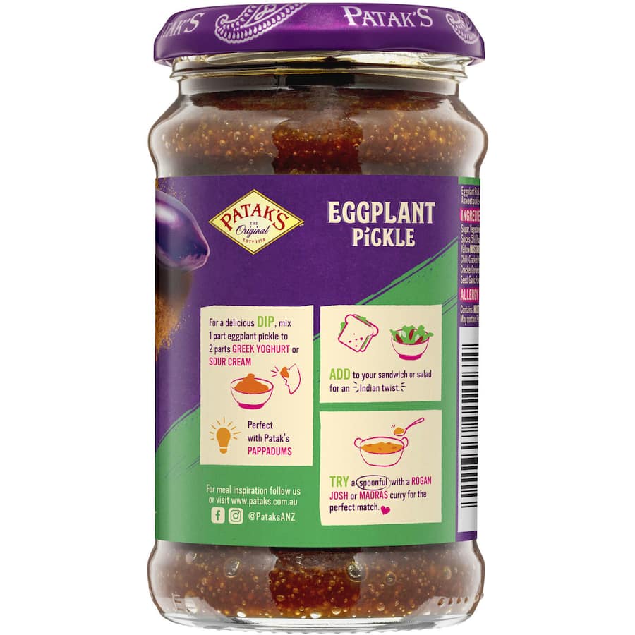Pataks Pickles Eggplant Sweet Medium Jar 312g