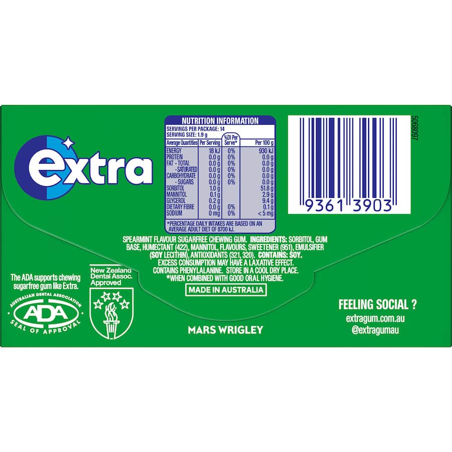 Wrigleys Extra Chewing Gum Spearmint 14 Pieces Envelope 27g