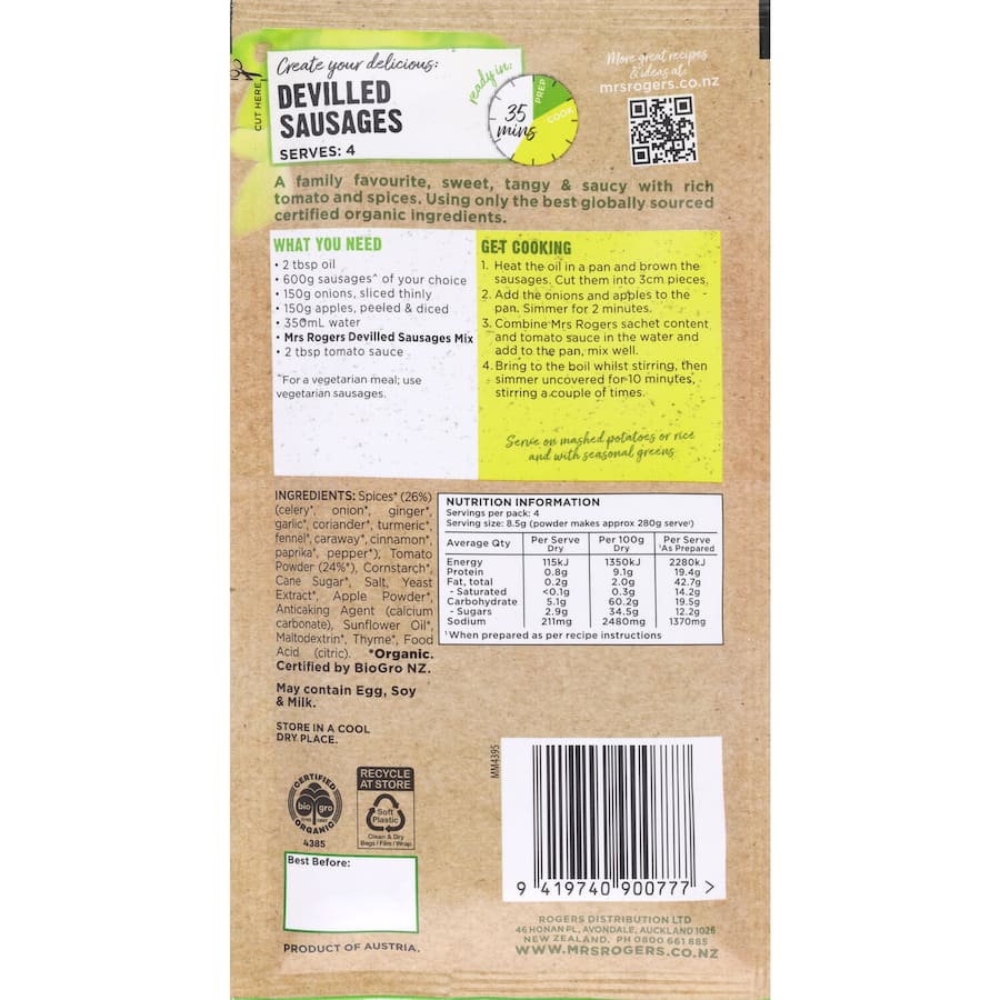 Mrs Rogers Organic Recipe Base Devilled Sausages 34g