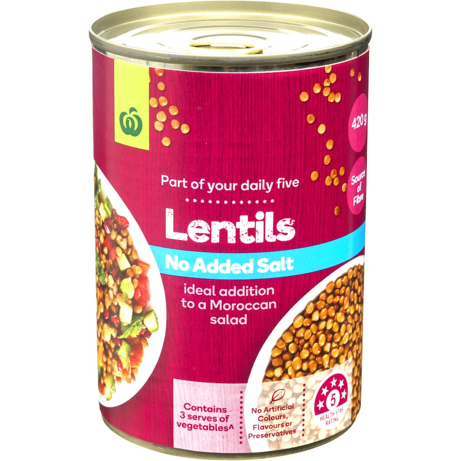 Woolworths Lentils No Added Salt Can 420g