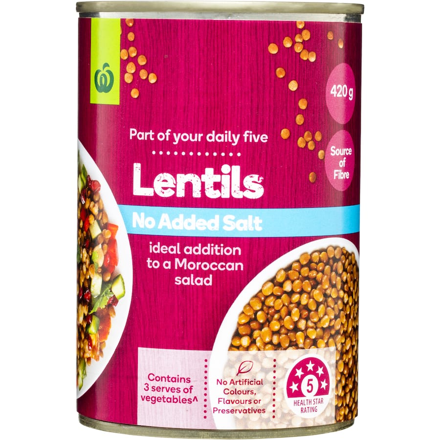 Woolworths Lentils No Added Salt Can 420g