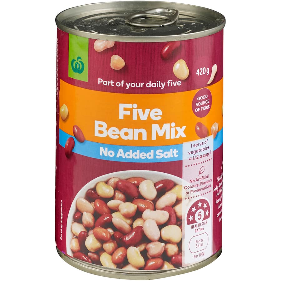 Woolworths Beans 5 Mix No Added Salt Can 420g