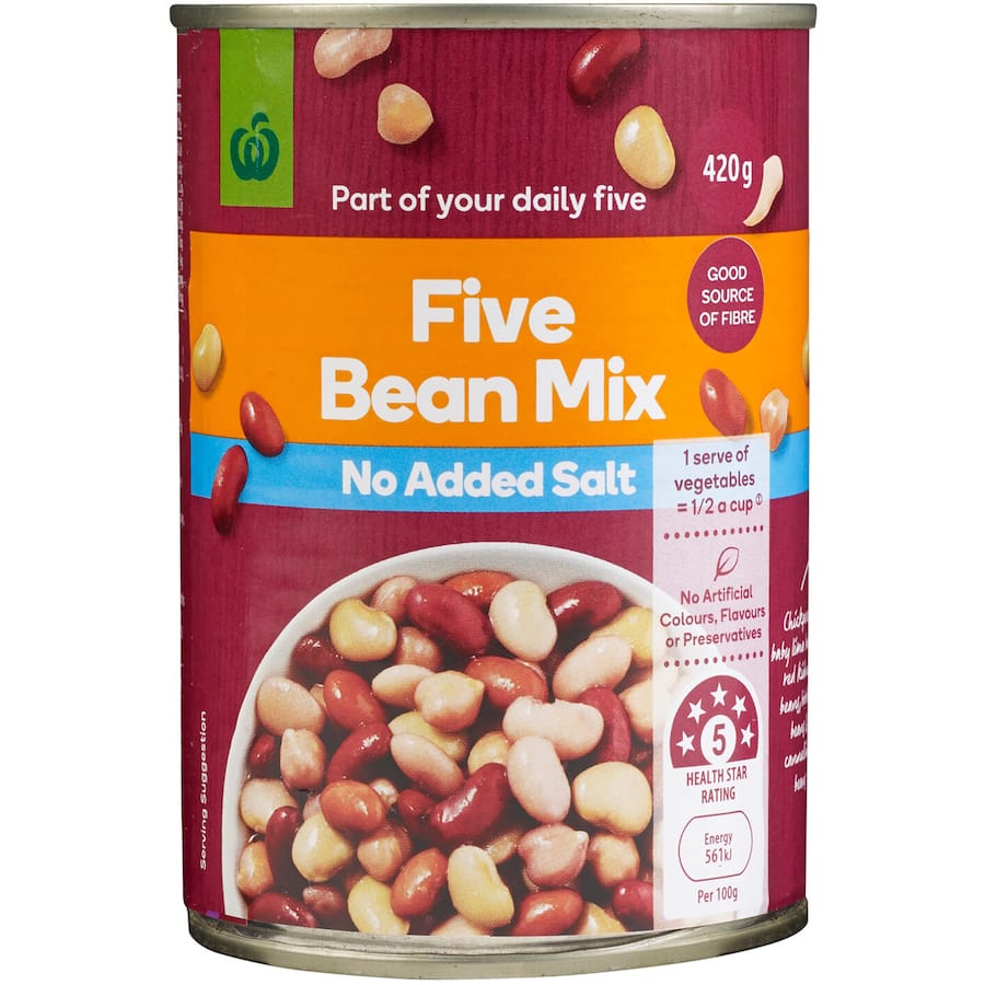 Woolworths Beans 5 Mix No Added Salt Can 420g