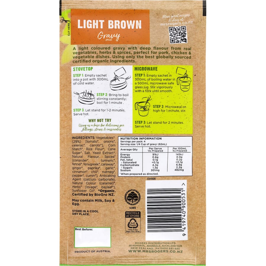 Mrs Rogers Organic Gravy Mix Light Brown Sachet 28g