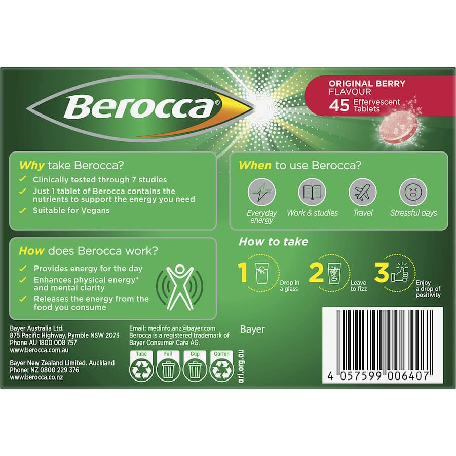 Berocca Performance Effervescent Energy Vitamin C Original Berry Pack 45 tabLets