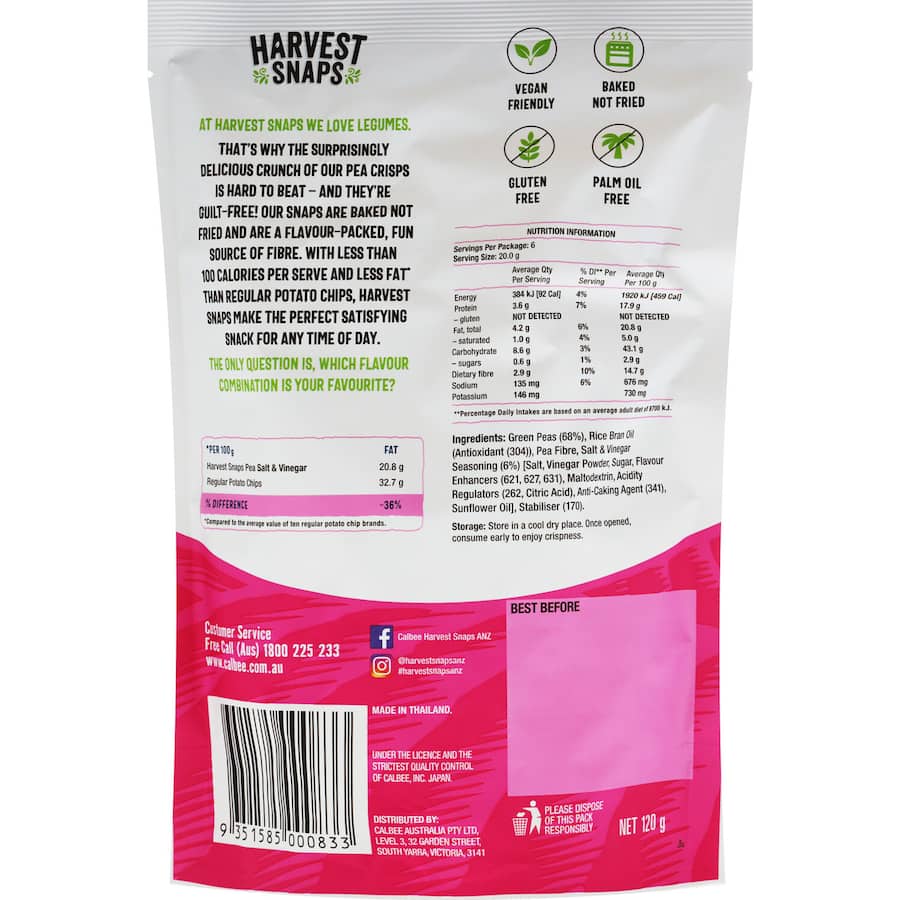 Harvest Snaps Pea Crisps Salt & Vinegar 120g