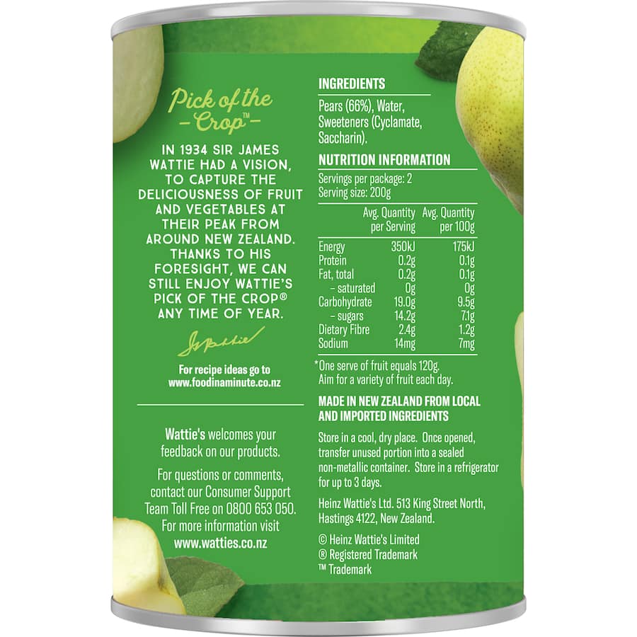 Watties Pears Quarters No Added Sugar  Can 400g