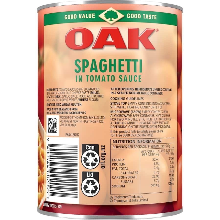 Oak Spaghetti In Tomato Sauce  Can 420g