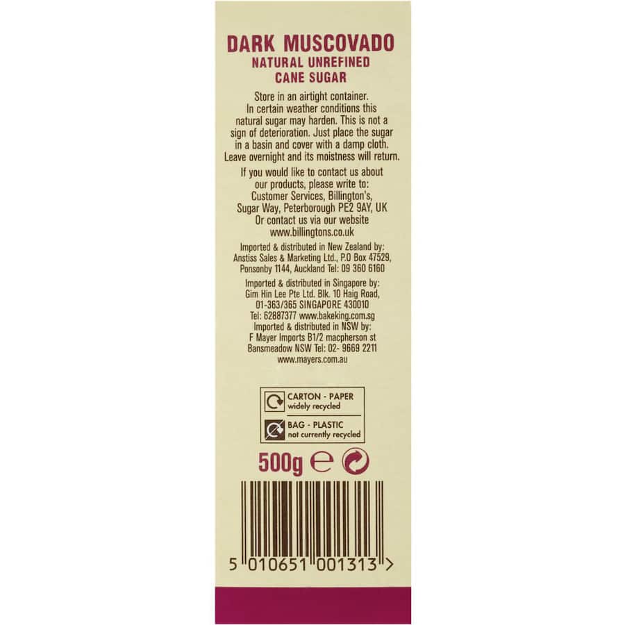 Billingtons Muscovado Sugar Natural Dark Pkt 500g