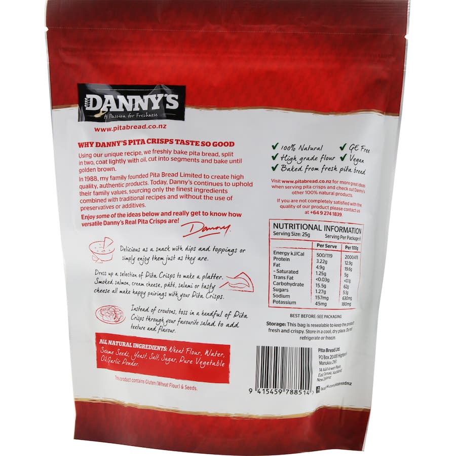 Dannys Corn Snacks Garlic & Sesame Pita Crisps 150g