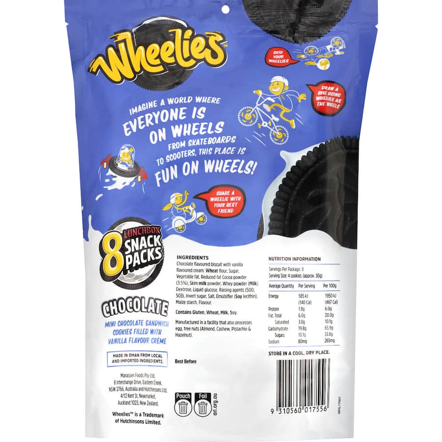Wheelies Creme Filled Chocolate 240g 8pack