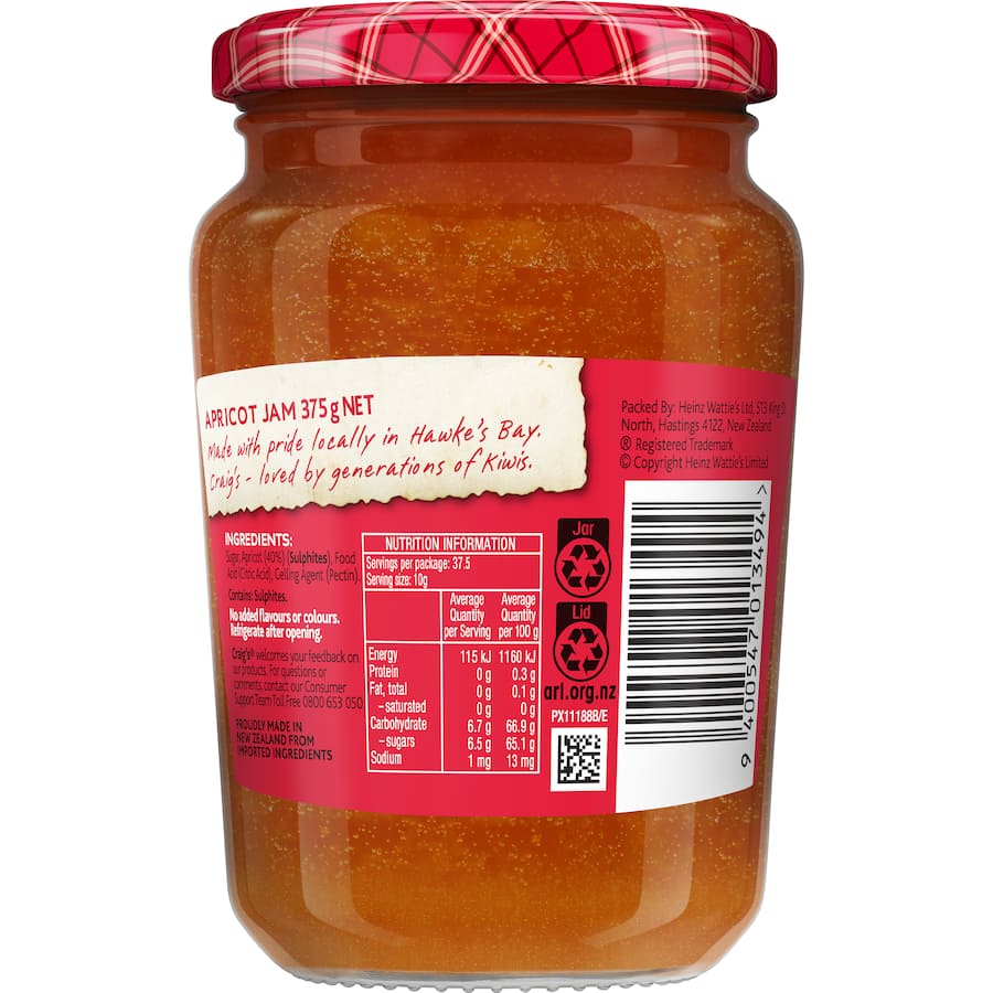 Craigs Fruit Jam Apricot Jar 375g