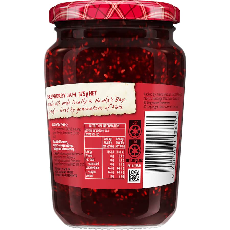 Craigs Fruit Jam Raspberry Jar 375g