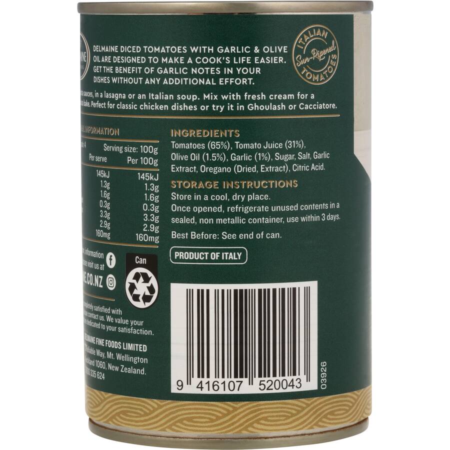Delmaine Diced Tomatoes With Garlic & Olve Oil Can 400g