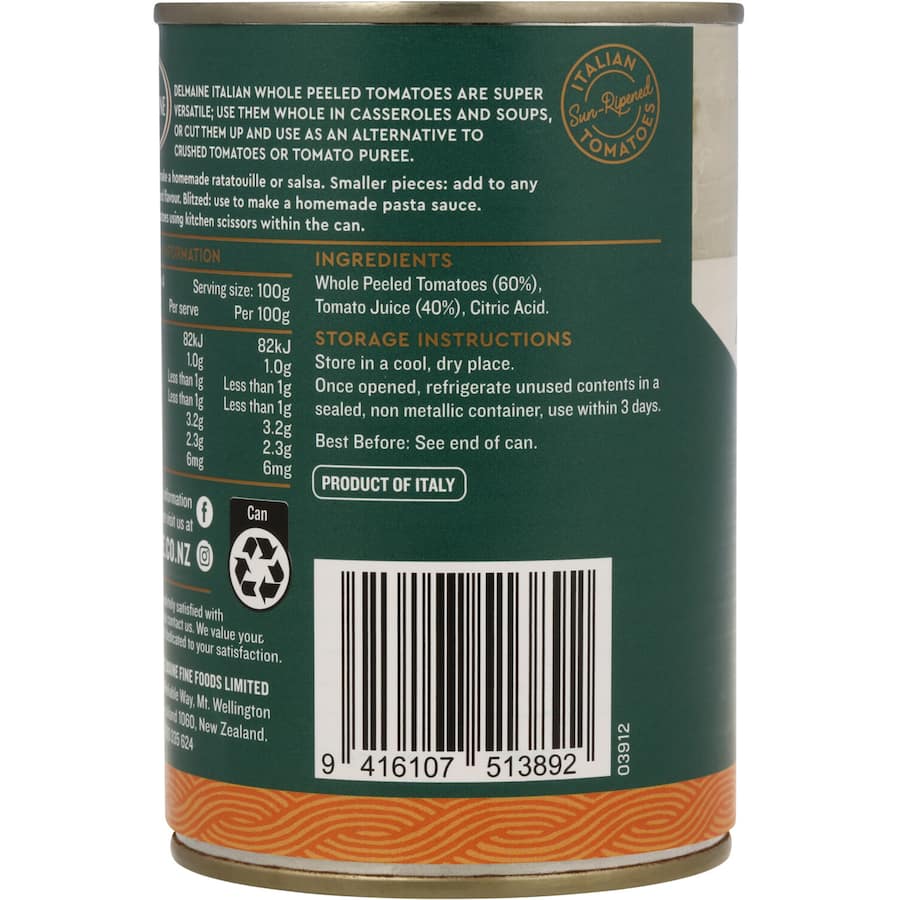 Delmaine Whole Peeled Tomatoes Italian In Juice Can 400g