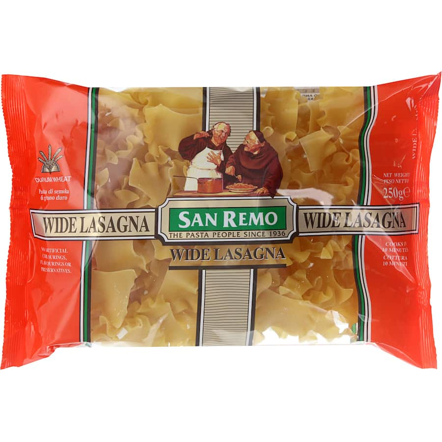 San Remo Wide Lasagne No. 45 made from 100% Australian durum wheat semolina, vegan and quick-cooking in 10 minutes.