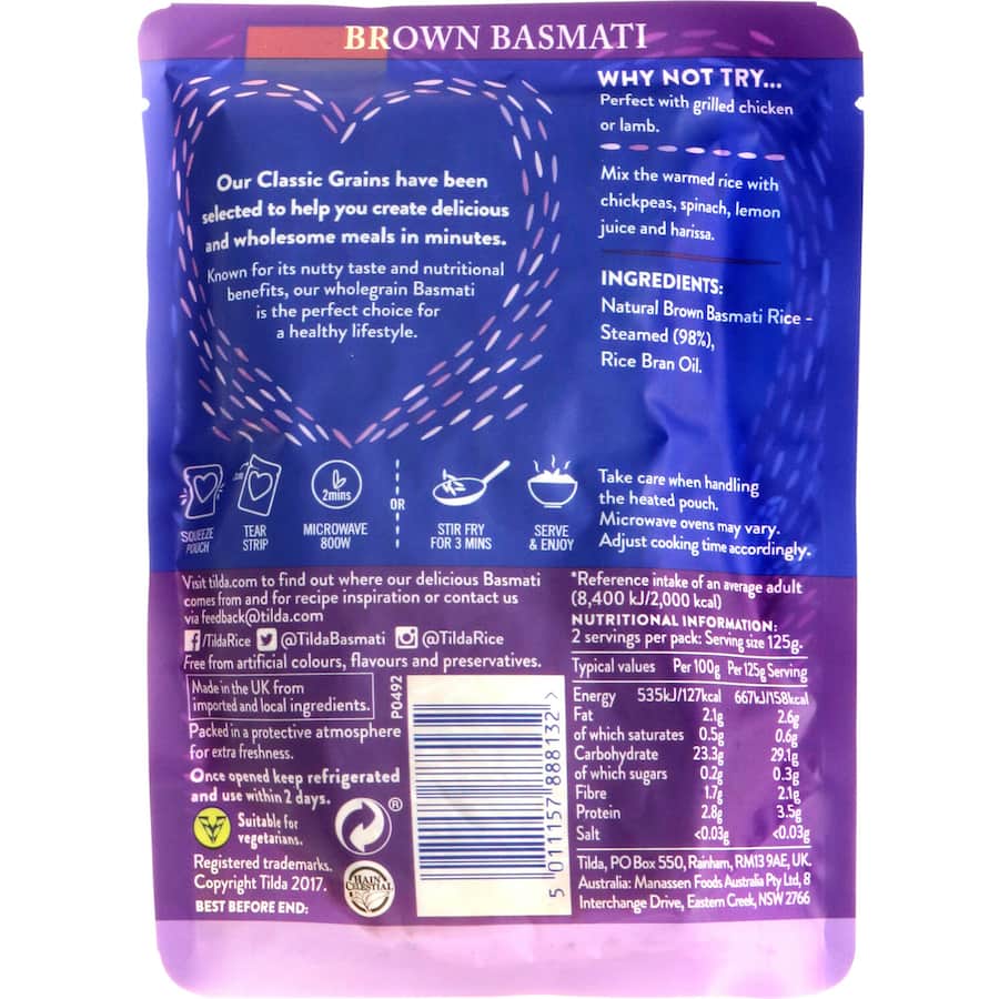 Tilda Steamed Rice Brown Basmati Pouch 250g