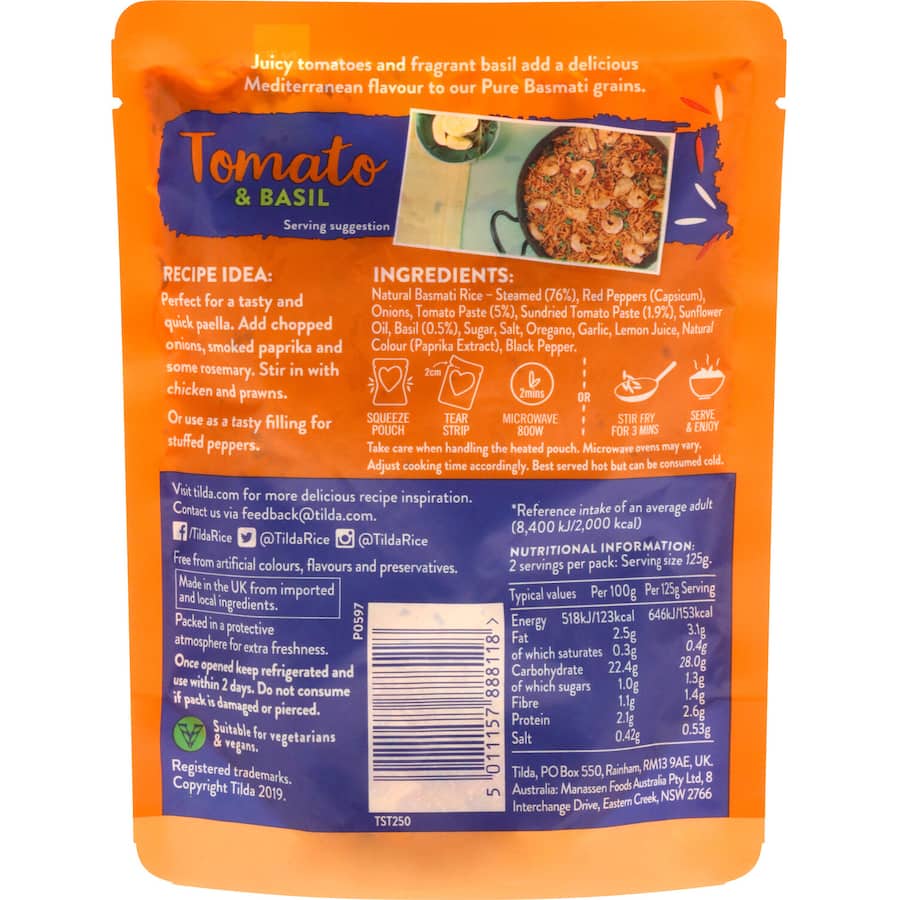 Tilda Steamed Rice Tomato & Basil Basmati Pouch 250g