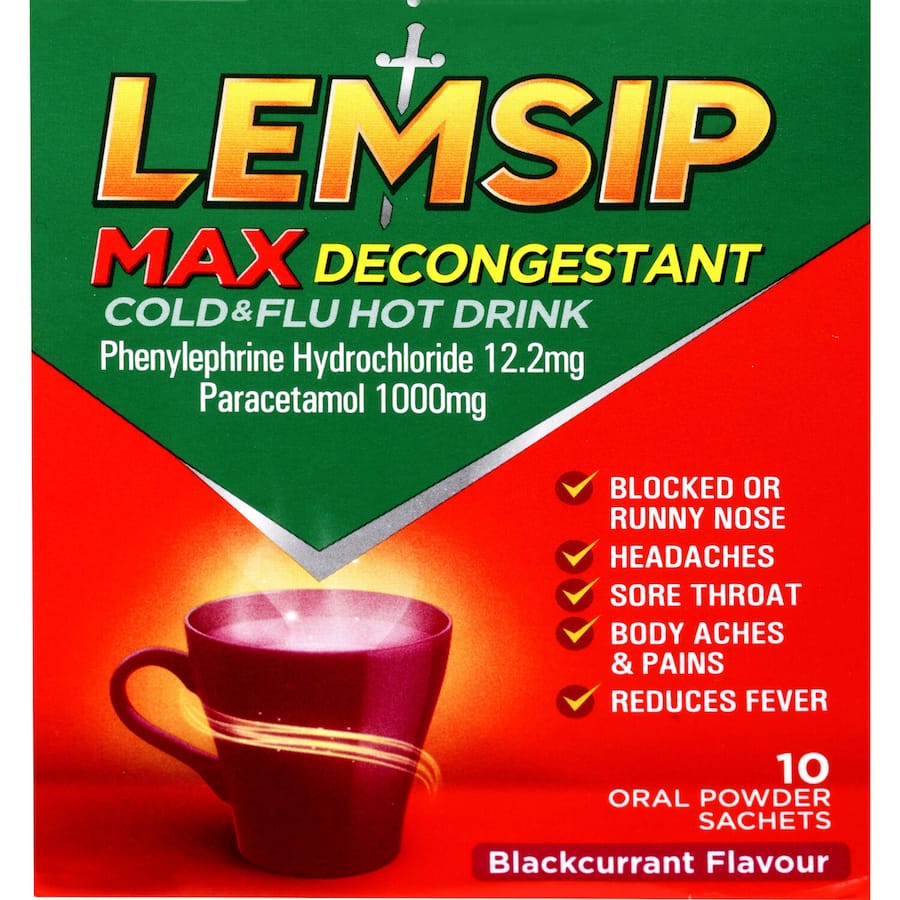 Lemsip Max Decongestant Cold & Flu Blackcurrant Hot Drink Sachets 10pack