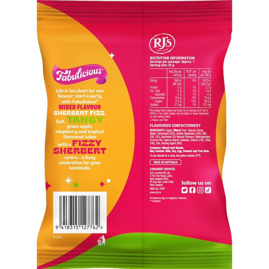 Rj's Fabulicious Sweets Sherbert Fizz Mixed Flavour 180g