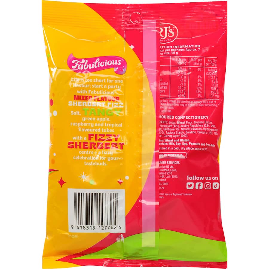 Rj's Fabulicious Sweets Sherbert Fizz Mixed Flavour 180g