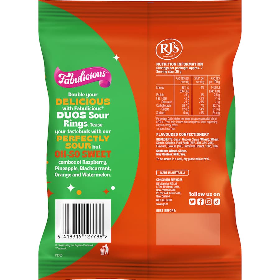 Rj's Fabulicious Sweets Duos Sour Gummy Rings 180g