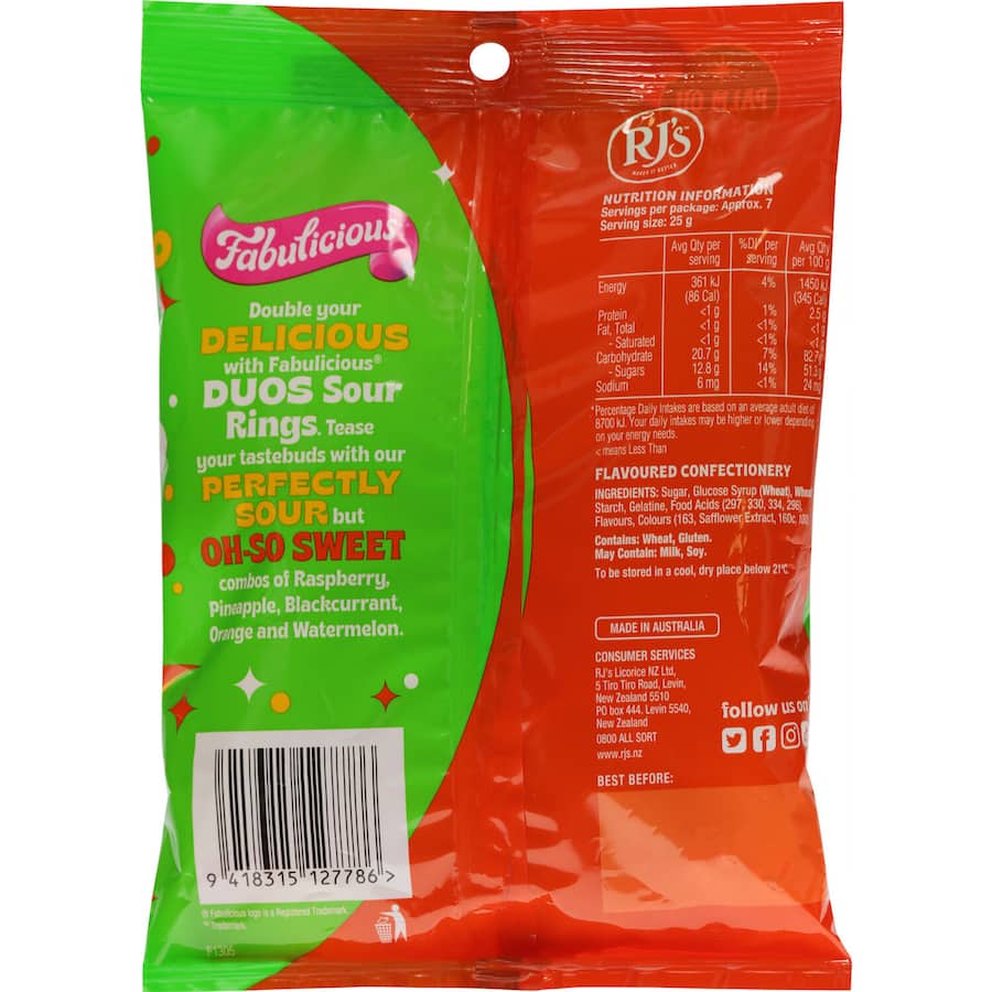 Rj's Fabulicious Sweets Duos Sour Gummy Rings 180g