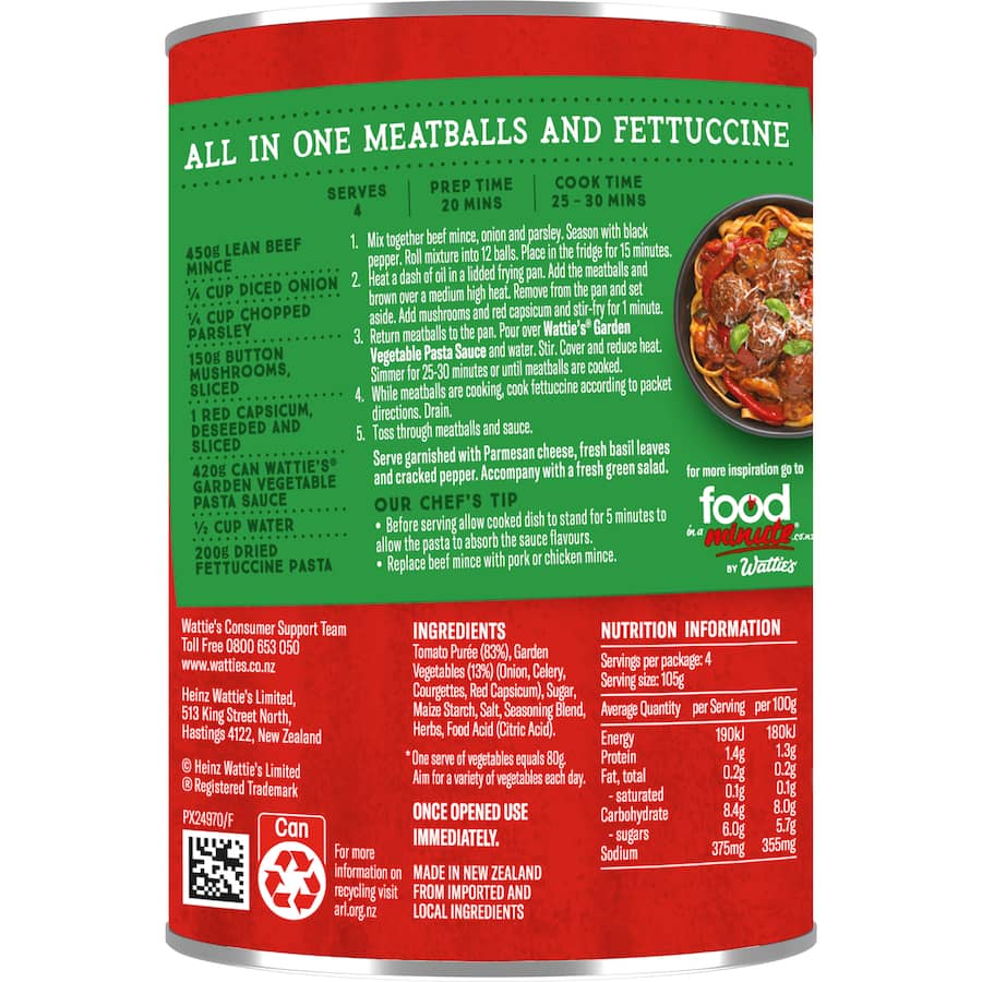 Wattie's Pasta Sauce Garden Vegetable 420g