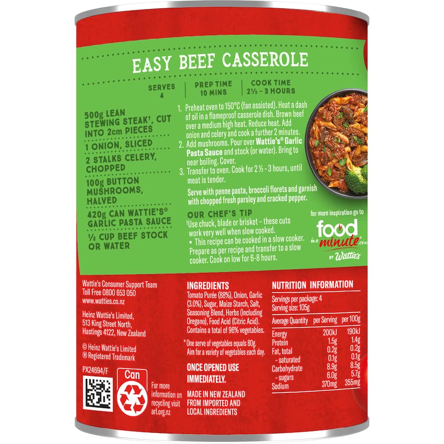 Wattie's Pasta Sauce Garlic 420g