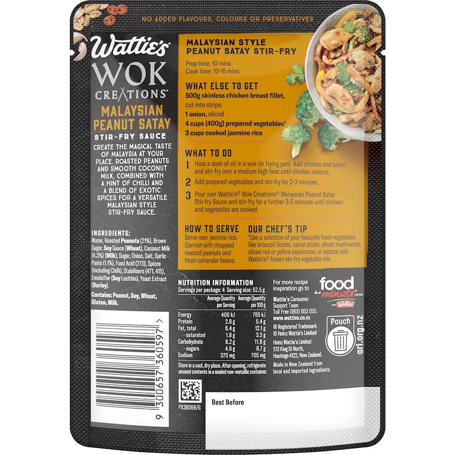 Watties Wok Creations Stir-fry Sauce Malaysian Peanut Satay Pouch 210g