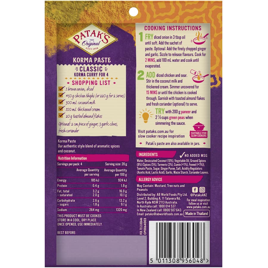Pataks Recipe Base Korma 11 Blended Spices Mild Sachet 80g