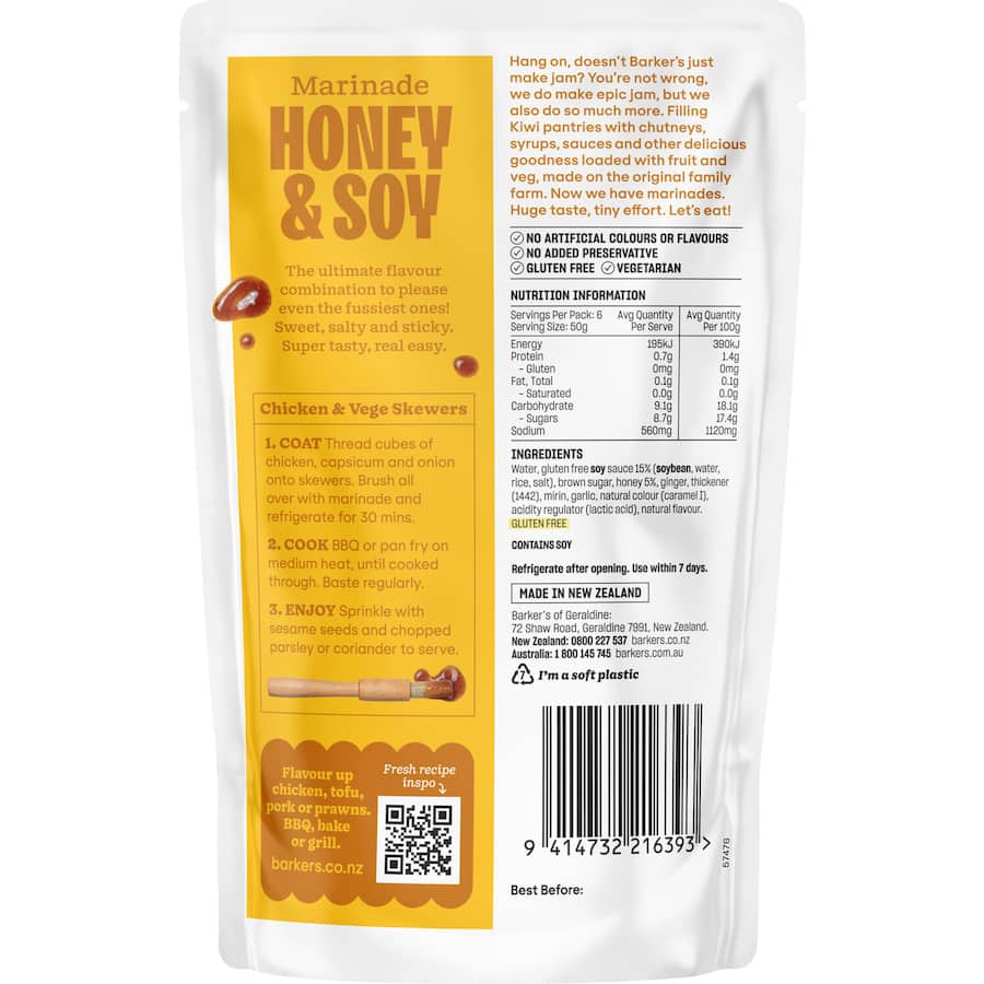 Barker's Honey & Soy Sauce  Pouch 300g
