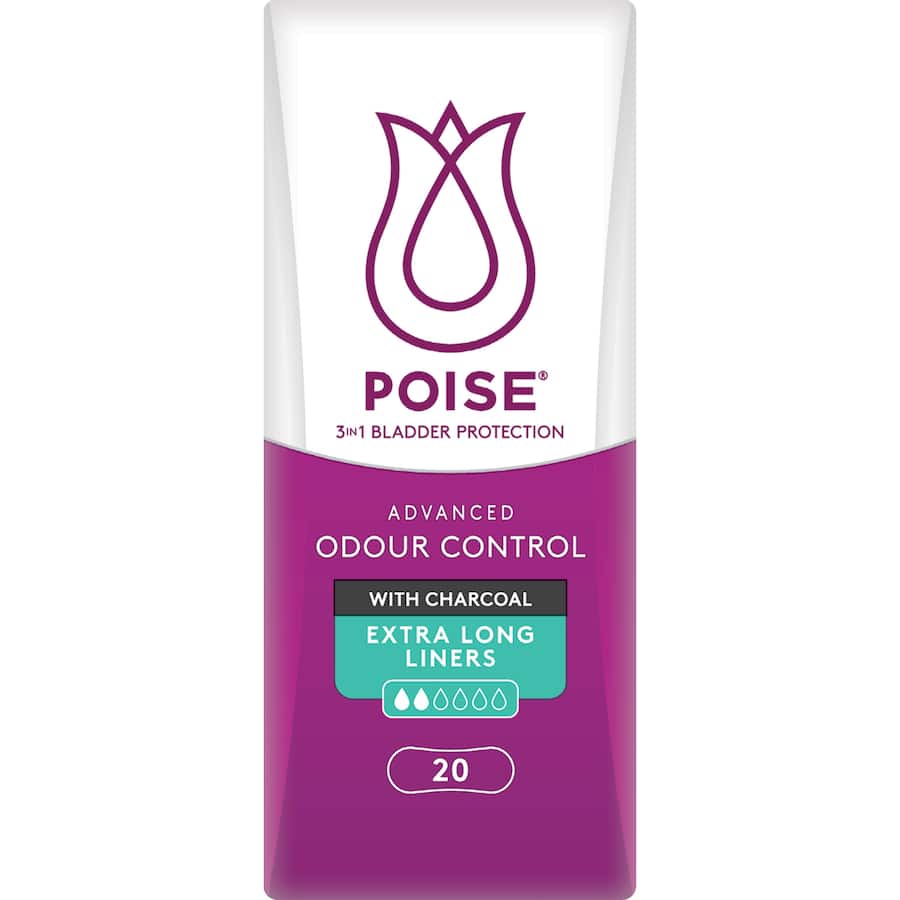 Poise Continence Liner Extra Long With Charcoal 20pack