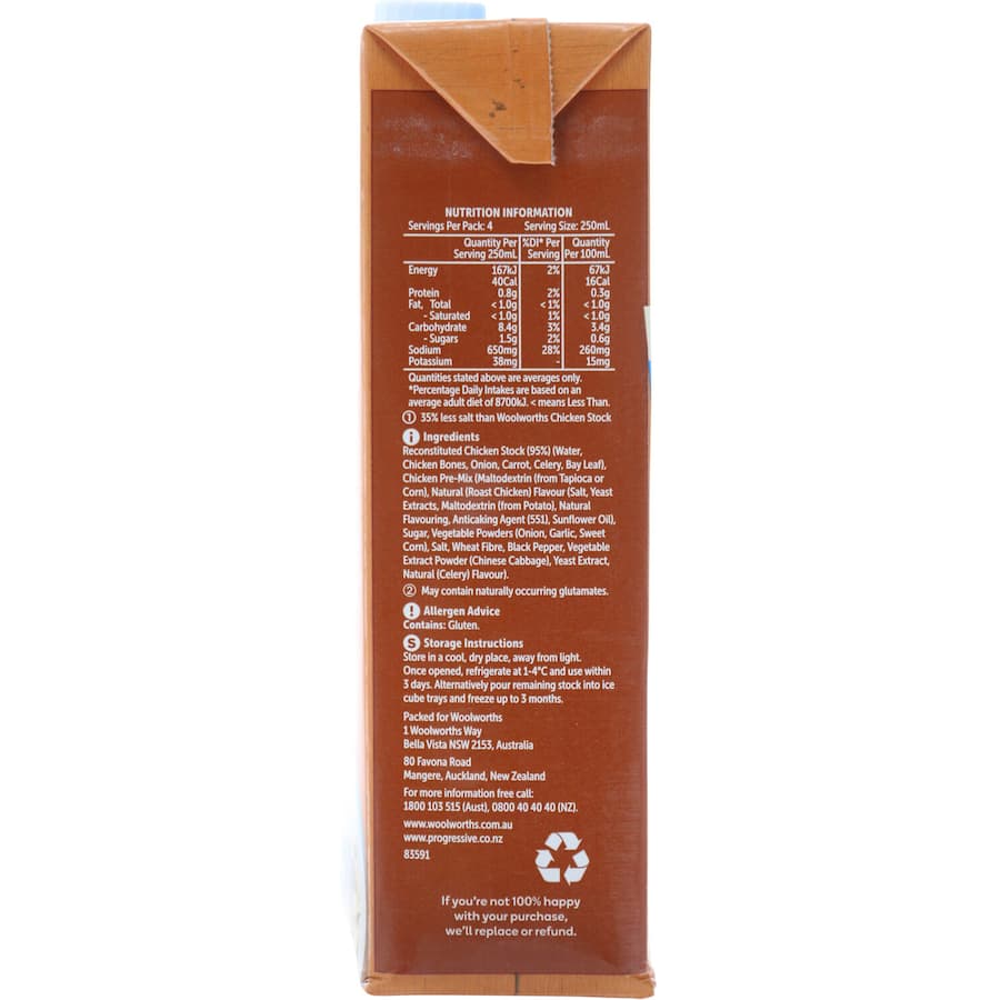 Woolworths Chicken Stock Liquid Salt Reduced Carton 1L