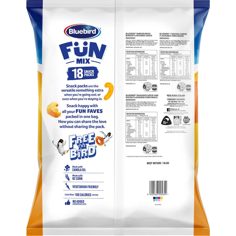 Bluebird Fun Mix Multipack Corn Snacks Twisties Rashuns Burger Rings 18pack
