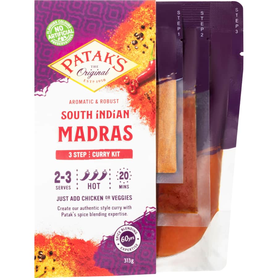 Pataks Ready Meal Madras Curry Sauce Hot Packet 313g