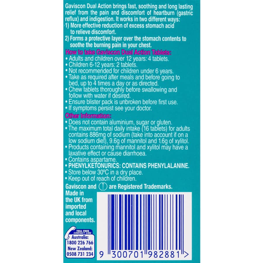 Gaviscon Dual Action Heartburn & Indigestion Relief Peppermint Chewable tablets 16pack