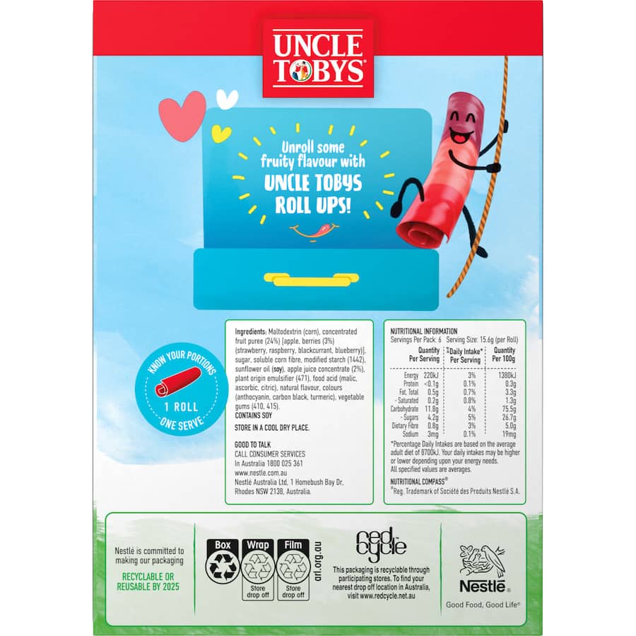 Uncle Tobys Roll-ups Fruit Snack Rainbow Berry Berry 6pk 94g